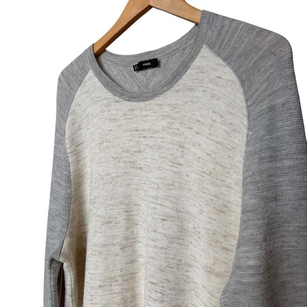 VINCE Men’s L Color Block Crew Neck Wool Linen Blend Pullover Sweater Neutral
